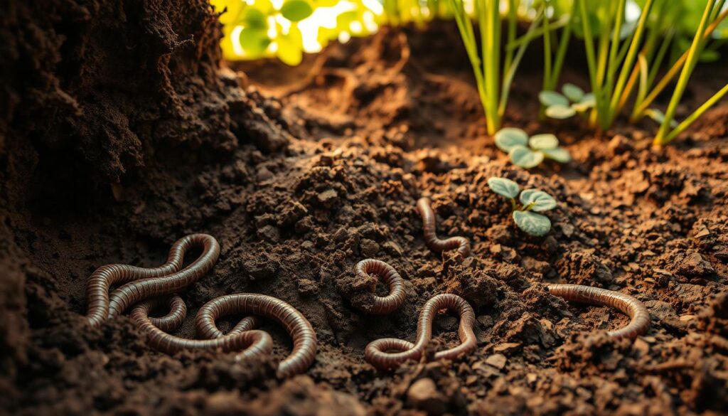 A lush, underground scene showcasing the vital role of earthworms in soil ecology. In the foreground, intricate tunnels and burrows created by industrious earthworms, their bodies gently moving through the rich, dark humus. In the middle ground, the earthworms' influence on soil structure is evident, with crumbled, aerated soil and interconnected pores. The background reveals the verdant vegetation above, supported by the earthworms' tireless burrowing and nutrient cycling. Warm, diffused lighting illuminates the scene, capturing the earthy, organic beauty of this essential ecological process. The composition emphasizes the seamless integration of earthworms within the delicate soil ecosystem. A lush, underground scene showcasing the vital role of earthworms in soil ecology. In the foreground, intricate tunnels and burrows created by industrious earthworms, their bodies gently moving through the rich, dark humus. In the middle ground, the earthworms' influence on soil structure is evident, with crumbled, aerated soil and interconnected pores. The background reveals the verdant vegetation above, supported by the earthworms' tireless burrowing and nutrient cycling. Warm, diffused lighting illuminates the scene, capturing the earthy, organic beauty of this essential ecological process. The composition emphasizes the seamless integration of earthworms within the delicate soil ecosystem.