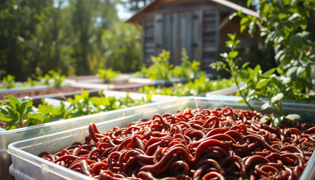 A serene, sun-dappled earthworm farm nestled amidst lush greenery. In the foreground, a cluster of vermiculture bins teeming with thriving colonies of red wiggler worms, their bodies glistening with moisture. Surrounding the bins, rows of verdant plants and herbs, their leaves rustling gently in the breeze. In the background, a rustic wooden shed casts gentle shadows, hinting at the diligent hands that tend to this thriving ecosystem. Soft, natural lighting illuminates the scene, capturing the essential role these humble decomposers play in nurturing the soil, a testament to their vital importance for sustainable agriculture. A serene, sun-dappled earthworm farm nestled amidst lush greenery. In the foreground, a cluster of vermiculture bins teeming with thriving colonies of red wiggler worms, their bodies glistening with moisture. Surrounding the bins, rows of verdant plants and herbs, their leaves rustling gently in the breeze. In the background, a rustic wooden shed casts gentle shadows, hinting at the diligent hands that tend to this thriving ecosystem. Soft, natural lighting illuminates the scene, capturing the essential role these humble decomposers play in nurturing the soil, a testament to their vital importance for sustainable agriculture.