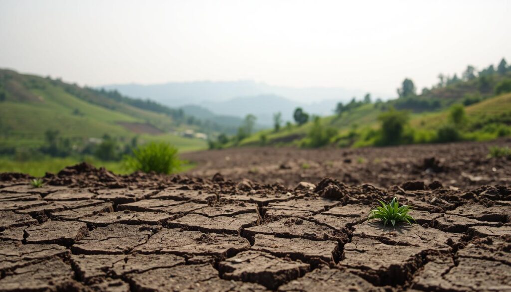 A lush, rolling landscape of fertile soil, verdant vegetation, and vibrant life. In the foreground, a close-up view of cracked, dry earth, its once-nourishing properties eroded by a combination of human activity, environmental exploitation, and natural degradation. The middle ground reveals swaths of barren, compacted soil, dotted with the withered remains of once-thriving plants. In the distance, a hazy skyline hints at the impact of industrial pollution, casting an ominous shadow over the scene. Diffused natural light filters through the atmosphere, casting a melancholic tone and emphasizing the delicate balance between the land and its caretakers. This image conveys the urgent need to address the causes of soil degradation and preserve the health of our precious earth.