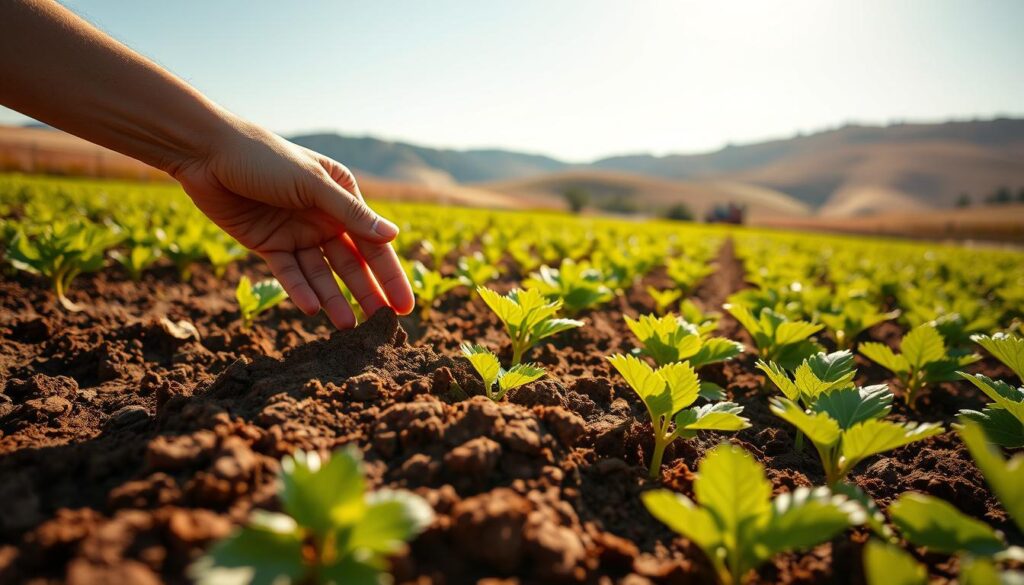 A lush, verdant field of thriving crops, with soil rich in nutrients and texture. In the foreground, a farmer's hand gently sifts through the fertile earth, revealing the benefits of proper liming. The mid-ground showcases healthy, vibrant plants, their leaves glistening under the warm, golden sunlight. In the background, rolling hills and a clear, blue sky create a sense of tranquility and abundance. The composition captures the importance of soil pH balance, highlighting how strategic liming can unlock the full potential of the land, enabling bountiful harvests and sustainable agricultural practices.