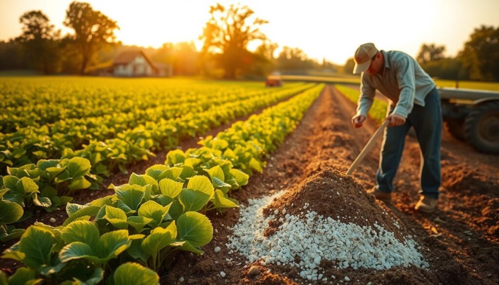 A lush, verdant field under a warm, golden afternoon light. In the foreground, a farmer meticulously tills the soil, mixing in a fine layer of crushed limestone. The middle ground reveals rows of thriving crops, their leaves vibrant and healthy. In the background, a picturesque farmhouse and a tractor stand as reminders of the hard work and dedication required for effective soil liming. The scene conveys a sense of harmony between man, nature, and the rejuvenating power of lime-enriched earth. Captured with a wide-angle lens, the image portrays the holistic process of successful soil liming in a visually compelling and informative manner.