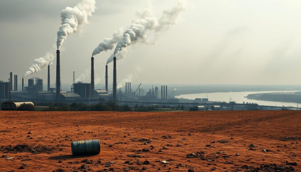 Soil contamination: a toxic landscape. A sprawling industrial facility, billowing smoke and waste. In the foreground, a barren field, the soil discolored and lifeless. Discarded chemical drums and hazardous materials litter the ground. Towering smokestacks cast long shadows, the sky a hazy, ominous gray. In the distance, a river runs murky and polluted. The scene conveys a sense of environmental degradation, a cautionary tale of the consequences of unchecked industrial activity. Realistic rendering, cinematic lighting, high detail.