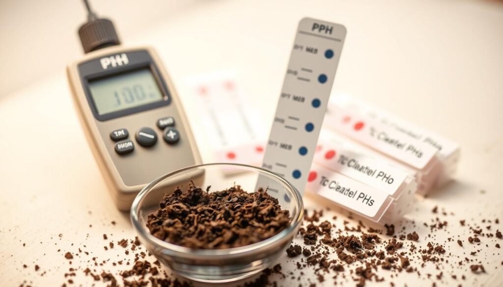 A close-up shot of soil testing equipment, including a pH meter, test strips, and a small soil sample in a dish, set against a clean, well-lit background. The focus is sharp, highlighting the intricate details of the tools. The lighting is soft and diffused, creating a warm, inviting atmosphere that emphasizes the importance of accurately measuring soil pH. The composition is balanced, with the tools arranged in a visually appealing manner, conveying a sense of professionalism and precision. The overall impression is one of a straightforward, educational illustration that would effectively complement the accompanying article section on testing soil pH.
