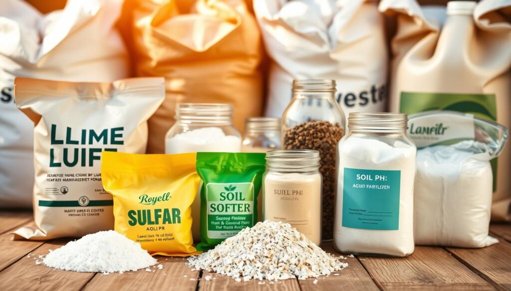 A close-up shot of various fertilizers designed to lower soil pH, arranged on a wooden surface. In the foreground, a selection of pouches and bags containing lime, sulfur, and other acidifying amendments. The middle ground features glass jars filled with powdery substances, while the background showcases larger sacks and jugs of pH-lowering products. Warm, natural lighting illuminates the scene, highlighting the textures and colors of the different soil amendment formulations. The overall composition conveys a sense of practicality and purpose, suitable for illustrating a guide on adjusting soil acidity.