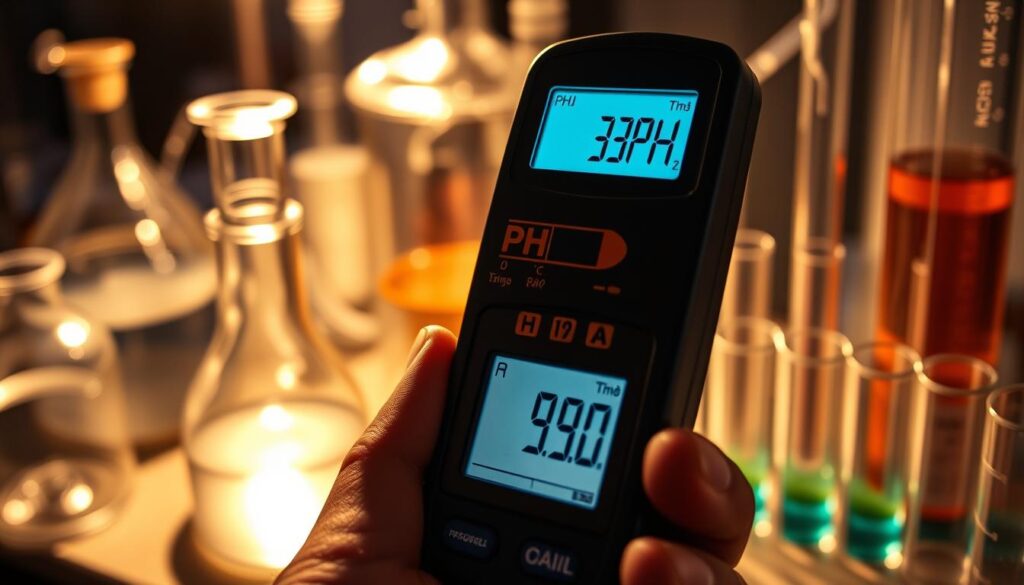 A close-up view of a hand-held pH meter displaying the measured pH value, against a backdrop of scientific glassware, test tubes, and laboratory equipment. The scene is illuminated by warm, directional lighting, casting dramatic shadows and highlighting the intricate details of the instruments. The overall mood is one of scientific inquiry and exploration, inviting the viewer to delve deeper into the process of interpreting pH test results.