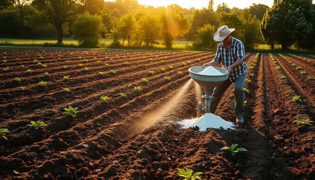 A lush agricultural field under a warm, golden afternoon light. In the foreground, a farmer carefully spreads lime granules across the soil, using a hand-operated spreader. The middle ground showcases the rich, dark earth, ready to be tilled and prepared for planting. In the background, a verdant tree line frames the scene, hinting at the fertile ecosystem. The composition emphasizes the importance of soil amendment, with the farmer's focused attention and the expansive, welcoming landscape conveying the care and intention behind the act of liming the soil to improve its pH and nutrient balance, essential for a bountiful vegetable garden.