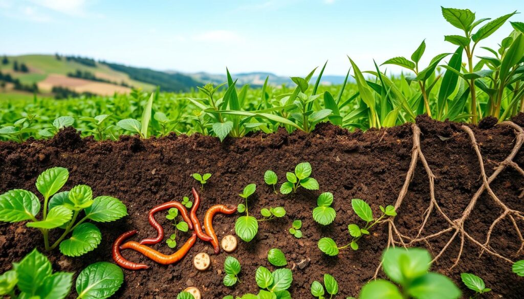 A lush, verdant field of diverse plant life, showcasing the key factors that contribute to soil fertility. In the foreground, earthworms and microorganisms visually represent the importance of organic matter and soil biota. The middle ground displays nutrient-rich soil layers, with visible root systems intertwined. In the background, rolling hills and a vibrant blue sky create a serene, bucolic atmosphere. Soft, diffused natural lighting illuminates the scene, emphasizing the harmonious relationship between the soil, plants, and the surrounding environment. The overall composition conveys the intricate, interconnected nature of the elements that govern soil productivity.