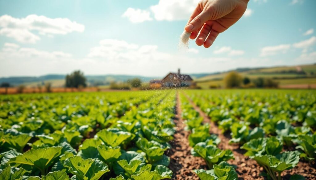 A lush, verdant field under a bright, sun-dappled sky. In the foreground, a farmer's hand carefully sprinkles lime onto the soil, preparing the earth for a bountiful vegetable harvest. The middle ground showcases rows of healthy, thriving plants, their leaves rustling gently in the breeze. In the background, a quaint farmhouse and rolling hills create a picturesque, pastoral scene. The overall mood is one of tranquility and diligent agricultural stewardship, capturing the essence of the perfect time to lime the soil for optimal vegetable growth.