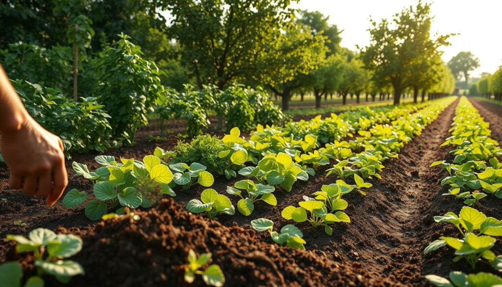 A lush, verdant garden bursting with a vibrant array of thriving plants, nourished by a rich, dark soil. In the foreground, a farmer's hand gently tills the earth, scattering a mix of organic fertilizers and mineral-rich amendments. Midground, rows of healthy vegetables and herbs sway gently in a soft breeze, their leaves shimmering in the warm, diffused sunlight. In the background, a bountiful orchard stands tall, its fruit-laden trees casting a gentle, dappled shadow over the scene. The overall atmosphere conveys a sense of abundance, vitality, and the harmonious relationship between soil, plants, and human stewardship.
