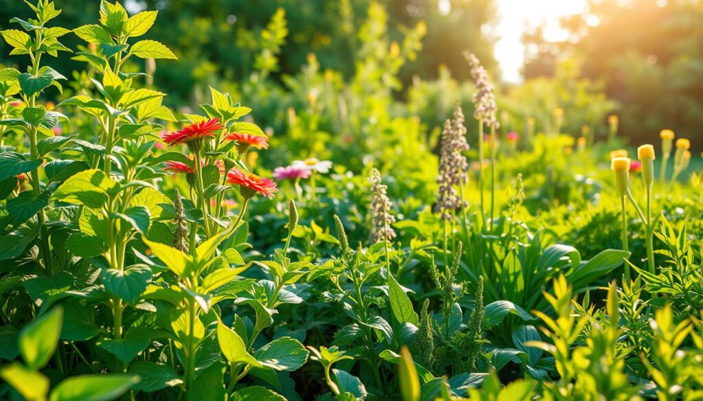 A lush, verdant garden in full bloom, showcasing the vibrant health of the plants. In the foreground, a variety of leafy greens and vibrant flowers stand tall, their leaves glistening with dew under the warm, golden sunlight. The middle ground features a mix of thriving herbs and vegetables, their stems and foliage radiating a rich, verdant hue. In the background, a backdrop of healthy trees and shrubs creates a natural, serene environment, complementing the overall harmony of the scene. The lighting is soft and diffused, casting a warm, nurturing glow over the entire composition. The angle is slightly elevated, allowing the viewer to appreciate the flourishing abundance of the healthy, thriving plants.