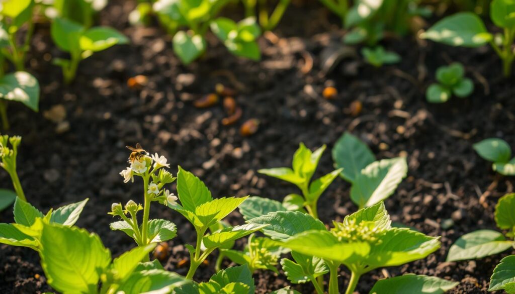A lush, verdant garden scene showcasing the importance of plant protection for soil fertility. In the foreground, a close-up view of healthy, thriving plants with vibrant foliage and delicate flowers, illuminated by soft, natural lighting. The middle ground reveals a diverse array of beneficial insects, such as ladybugs and bees, pollinating the plants and maintaining a balanced ecosystem. In the background, rich, dark soil teems with earthworms and microorganisms, visually representing the interconnected relationship between plant health and soil fertility. The overall atmosphere conveys a sense of harmony, balance, and the vital role of plant protection in maintaining a productive and sustainable agricultural system.