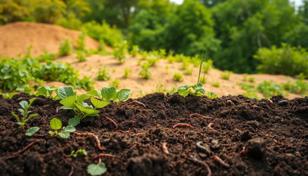 A lush, verdant landscape showcasing the diverse types of fertile soil. In the foreground, a rich, dark-brown loam soil teems with earthworms and microbial life, supporting a vibrant display of thriving vegetation. In the middle ground, a sandy, well-drained soil hosts a variety of drought-tolerant plants, while a fertile, clay-based soil in the background nourishes a dense, healthy forest. Diffused, natural lighting casts a warm, earthy glow over the scene, highlighting the textural differences and nutrient-rich properties of each soil type. The overall composition conveys the abundance and versatility of fertile, agricultural soils.