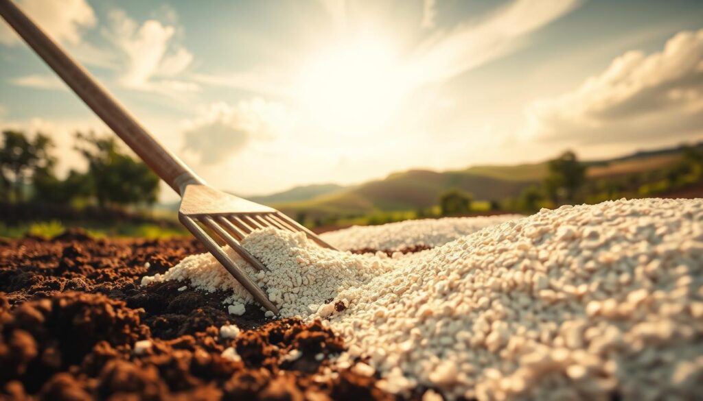 A lush, verdant landscape with a close-up view of freshly spread granulated lime. The foreground showcases the lime granules, their off-white hues contrasting against the rich, dark soil. In the middle ground, a farmer's hand gently rakes the lime into the earth, blending it seamlessly. Warm, diffused sunlight filters through wispy clouds, casting a soft, natural glow over the scene. The background features rolling hills and flourishing vegetation, conveying a sense of a thriving, healthy agricultural environment. The overall composition emphasizes the importance and care involved in the lime application process, creating an image that visually supports the article's title and subject matter.