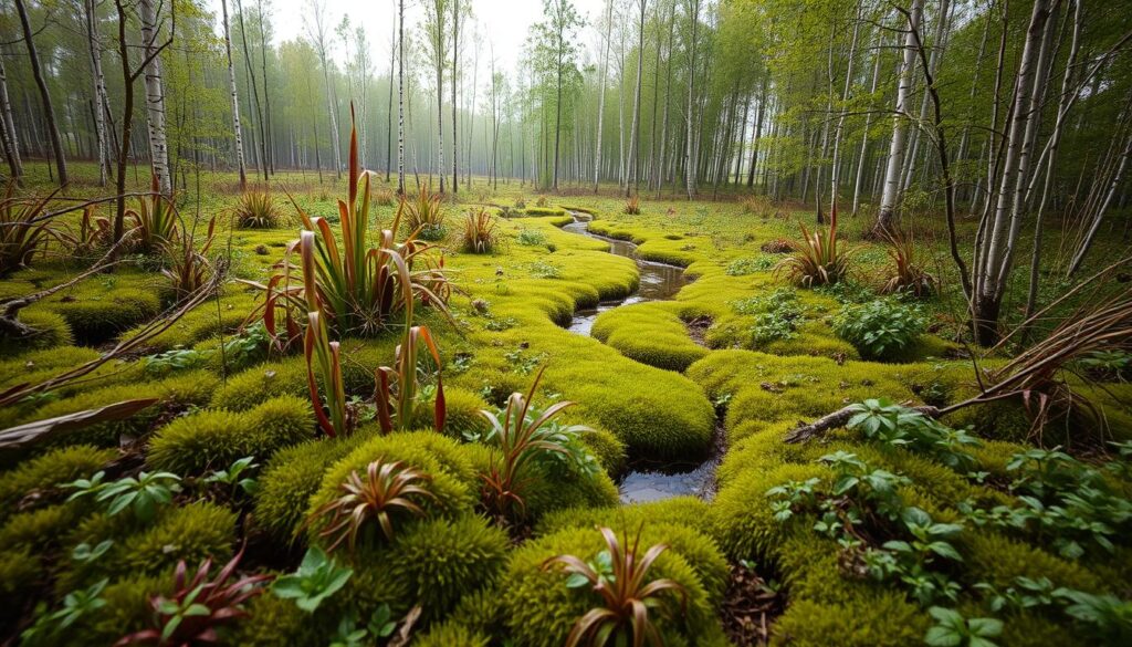 A lush, verdant peatland landscape under a soft, diffused lighting. In the foreground, a diverse array of peat moss, sedges, and carnivorous plants carpet the spongy ground. The middle ground features a small, meandering stream winding through the wetland, its crystal-clear waters reflecting the surrounding foliage. In the background, a dense stand of birch and alder trees form a natural barrier, their slender trunks and delicate leaves creating a sense of tranquility and seclusion. The overall scene conveys the fragile beauty and ecological importance of these precious wetland ecosystems, emphasizing the need for their careful conservation and protection.