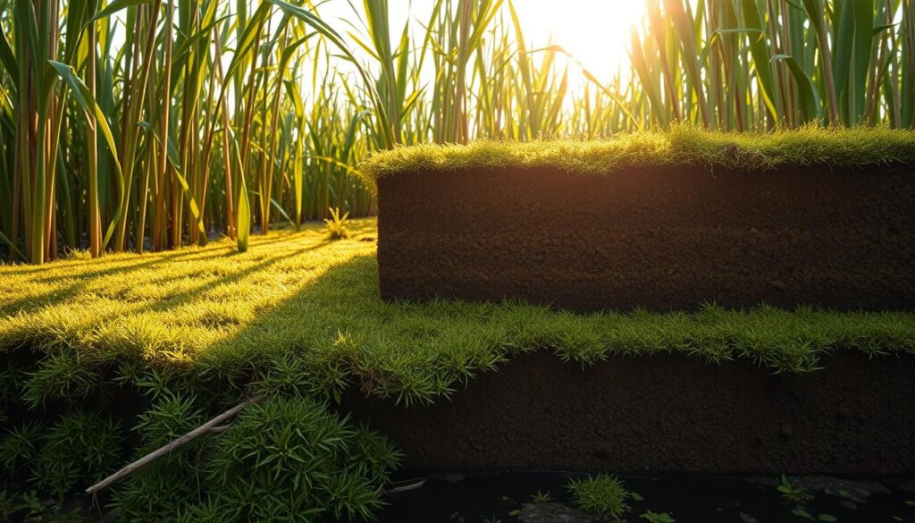 A lush, verdant wetland landscape, with a cross-sectional view revealing the gradual accumulation of decaying plant matter over centuries, forming dense layers of peat that mature into rich, dark-brown turflike soil. Sunlight filters through the canopy of towering reeds and mosses, casting warm, diffused illumination across the scene. In the foreground, delicate sphagnum moss carpets the ground, while in the middle ground, decomposing sedges and aquatic plants sink into the saturated earth. The background depicts the gradual transformation of this organic material into the valuable natural resource that is peat, the foundation of peatland ecosystems.