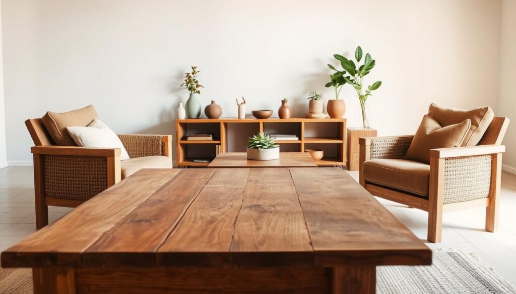 A minimalist, rustic arrangement of eco-friendly furniture pieces crafted from natural, recycled materials. In the foreground, a sturdy wooden table with a smooth, weathered surface. Surrounding it, comfortable armchairs upholstered in earthy tones of linen and hemp. In the middle ground, a low, angular bookshelf made of reclaimed wood, displaying decorative objects and potted plants. The background features a warm, natural lighting, casting a soft glow and highlighting the organic textures of the materials. The overall scene conveys a sense of simplicity, sustainability, and harmony with the natural world.