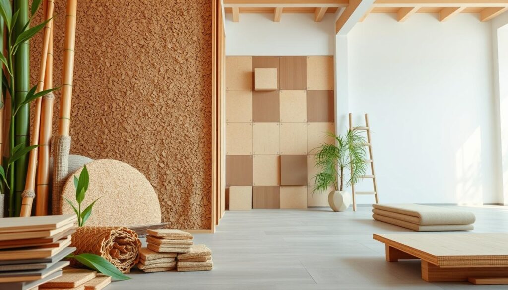 A serene, well-lit interior showcasing an assortment of eco-friendly building materials. In the foreground, various sustainable materials such as bamboo, cork, and recycled plastic are neatly arranged, their natural textures and hues on display. In the middle ground, a constructed wall section highlights the installation process, with panels of insulation and cladding materials seamlessly integrated. The background depicts a calming, minimalist space with ample natural lighting, emphasizing the harmonious blend of nature and modern design. The overall scene conveys a sense of mindfulness, quality, and environmental responsibility in the selection of building materials.