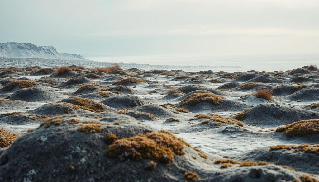 A vast, frozen landscape of the tundra biome. In the foreground, the distinctive mounds and hummocks of tundra soils, sculpted by the forces of wind, ice, and permafrost. Mosses, lichens, and low-growing vegetation cling to the surface, their colors muted by the cold. The middle ground reveals the transition to more barren, rocky areas, with a few hardy shrubs and grasses scattered throughout. In the distance, the horizon is a hazy blend of snow, ice, and a pale, overcast sky, creating a sense of ethereal, subdued beauty. The lighting is diffuse and soft, casting long shadows that accentuate the undulating terrain. The overall scene conveys the harsh, yet delicate, nature of tundra soil formation processes.