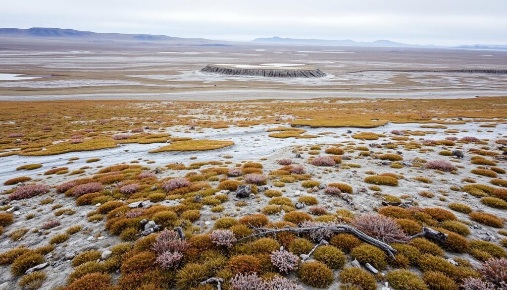 A vast, frozen tundra landscape stretches out before the viewer, showcasing the diverse types of permafrost-based substrates that define this biome. In the foreground, a mosaic of sphagnum moss, sedges, and lichens carpets the undulating terrain, reflecting the characteristic low-growing vegetation. The middle ground reveals polygonal patterned ground, with cracks and raised edges delineating the distinct sections of the permafrost-based soil. In the distance, gently rolling hills are dotted with small ponds and lakes, their placid surfaces mirroring the overcast, subdued lighting of the Arctic scene. A sense of the harsh, yet delicate, balance of this fragile ecosystem is conveyed through the interplay of the organic and inorganic elements of the tundra substrate.