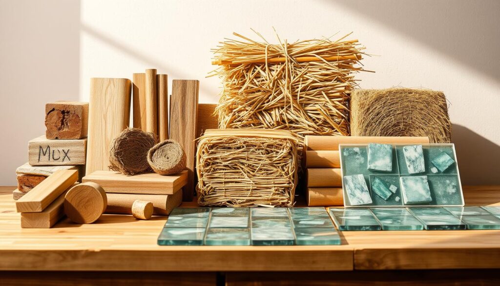 A well-lit close-up photograph of various eco-friendly construction materials, including natural wood, bamboo, straw bales, and recycled glass tiles, arranged neatly on a wooden table. The materials are showcased against a soft, neutral background, emphasizing their organic textures and sustainable credentials. The lighting is warm and directional, casting subtle shadows that accentuate the materials' forms. The camera angle is slightly elevated, providing a comprehensive view of the diverse range of environmentally-conscious building supplies. An atmosphere of quality, craftsmanship, and environmental responsibility is conveyed.