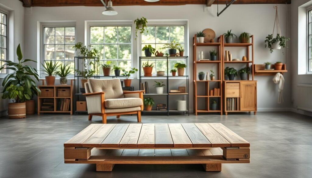 A well-lit, spacious studio showcasing an arrangement of eco-friendly furniture pieces crafted from recycled materials. In the foreground, a sleek, minimalist coffee table made from repurposed wooden pallets, its surface smoothed and treated to a natural, matte finish. Behind it, a mid-century inspired armchair upholstered in a soft, earthy-toned fabric woven from recycled textiles. In the middle ground, a bookshelf constructed from salvaged metal and reclaimed timber, displaying an array of potted plants and decorative objects. The background features large windows, letting in abundant natural light and providing a glimpse of lush, verdant foliage outside, creating a tranquil, eco-conscious atmosphere.