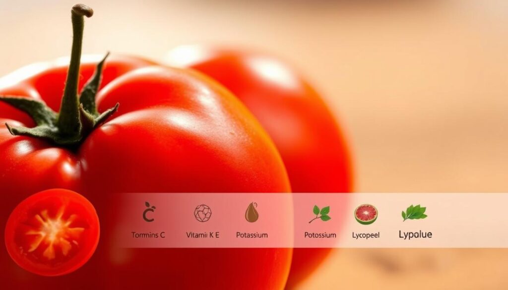 A close-up shot of a juicy, ripe tomato against a soft, blurred background. The tomato is illuminated by warm, natural lighting, showcasing its vibrant red skin and glistening surface. The foreground features a detailed cross-section of the tomato, revealing its fleshy interior and seeds. The middle ground showcases a selection of essential nutrients found in tomatoes, such as vitamins C, K, and E, as well as minerals like potassium and lycopene. The background is a serene, earthy tone, emphasizing the health benefits of the tomato for a canine companion. A close-up shot of a juicy, ripe tomato against a soft, blurred background. The tomato is illuminated by warm, natural lighting, showcasing its vibrant red skin and glistening surface. The foreground features a detailed cross-section of the tomato, revealing its fleshy interior and seeds. The middle ground showcases a selection of essential nutrients found in tomatoes, such as vitamins C, K, and E, as well as minerals like potassium and lycopene. The background is a serene, earthy tone, emphasizing the health benefits of the tomato for a canine companion.