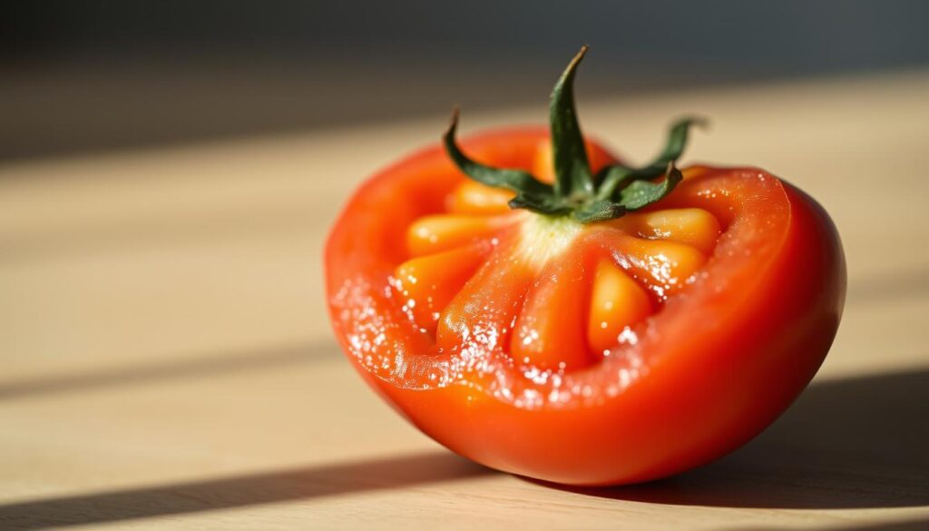 A close-up shot of a partially peeled tomato, revealing its vivid red flesh and glistening seeds, set against a softly blurred background. The lighting is natural and slightly diffused, casting gentle shadows that accentuate the tomato's textural details. The composition is centered, drawing the viewer's attention to the tomato's unique form and structure. The atmosphere is one of contemplation, inviting the viewer to consider the potential negative impacts of this common fruit on certain individuals. A close-up shot of a partially peeled tomato, revealing its vivid red flesh and glistening seeds, set against a softly blurred background. The lighting is natural and slightly diffused, casting gentle shadows that accentuate the tomato's textural details. The composition is centered, drawing the viewer's attention to the tomato's unique form and structure. The atmosphere is one of contemplation, inviting the viewer to consider the potential negative impacts of this common fruit on certain individuals.