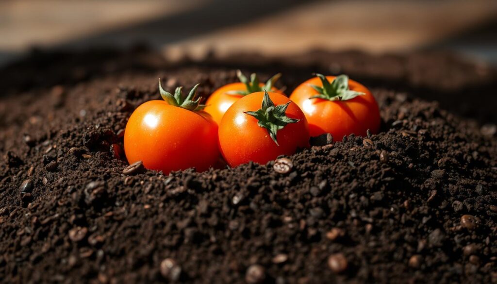 A close-up shot of a pile of coffee grounds, their dark, fine texture contrasting with the bright, plump tomatoes nestled among them. The grounds have a slight glistening effect, hinting at their moisture content. The scene is lit from the side, casting dramatic shadows that accentuate the organic shapes and textures. The background is blurred, keeping the focus on the central still life arrangement. The overall mood is earthy, contemplative, and subtly scientific, inviting the viewer to consider the potential benefits and risks of using coffee grounds as a natural fertilizer.