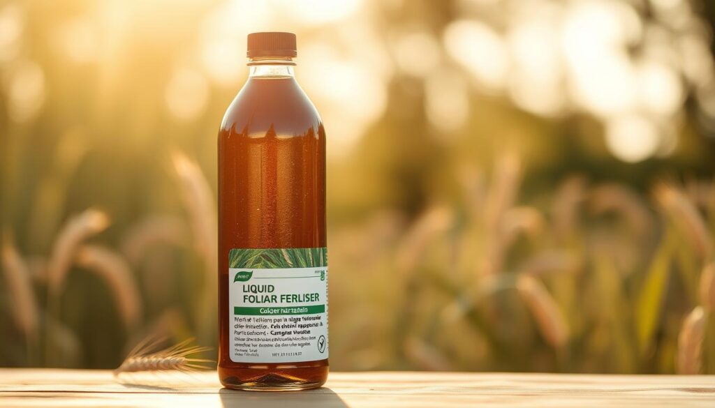 A close-up view of a bottle of liquid foliar fertilizer for cereal crops, standing on a wooden surface against a blurred natural background. The bottle has a label with the product name and details in Polish. Soft, warm lighting illuminates the scene, creating a natural, inviting atmosphere. The image should convey the idea of an effective, high-quality foliar nutrient solution for wheat, barley, and other small grains. A close-up view of a bottle of liquid foliar fertilizer for cereal crops, standing on a wooden surface against a blurred natural background. The bottle has a label with the product name and details in Polish. Soft, warm lighting illuminates the scene, creating a natural, inviting atmosphere. The image should convey the idea of an effective, high-quality foliar nutrient solution for wheat, barley, and other small grains.