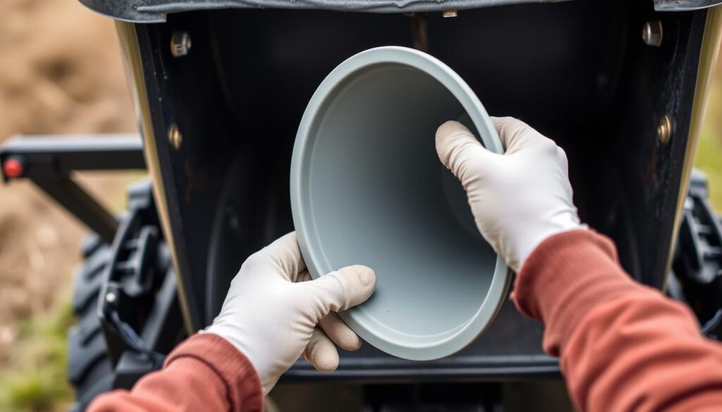 A close-up view of a fertilizer spreader, its hopper open to reveal the detachable funnel-shaped spreader attachment. The funnel, made of durable plastic, is grasped by a pair of gloved hands, demonstrating the process of carefully removing it from the spreader mechanism. The scene is well-lit, capturing the intricate details of the spreader's inner workings and the smooth texture of the funnel. The background is blurred, keeping the focus on the central action of detaching the spreader funnel. The overall mood is one of instructive clarity, guiding the viewer through the step-by-step process of disassembling this agricultural equipment.