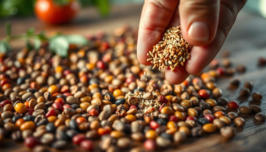 A close-up view of a variety of heirloom tomato seeds scattered across a wooden surface, with a shallow depth of field highlighting the intricate textures and colors of the individual seeds. The lighting is soft and diffused, creating a warm, natural atmosphere. In the foreground, a hand is gently sprinkling a handful of small, organic supplements or treatments onto the seeds, simulating the process of accelerating seed germination. The background is blurred, allowing the focus to remain on the tactile interaction between the seeds and the supplements. The overall composition conveys a sense of care, attention, and the desire to optimize the growth and development of the tomato seedlings. A close-up view of a variety of heirloom tomato seeds scattered across a wooden surface, with a shallow depth of field highlighting the intricate textures and colors of the individual seeds. The lighting is soft and diffused, creating a warm, natural atmosphere. In the foreground, a hand is gently sprinkling a handful of small, organic supplements or treatments onto the seeds, simulating the process of accelerating seed germination. The background is blurred, allowing the focus to remain on the tactile interaction between the seeds and the supplements. The overall composition conveys a sense of care, attention, and the desire to optimize the growth and development of the tomato seedlings.