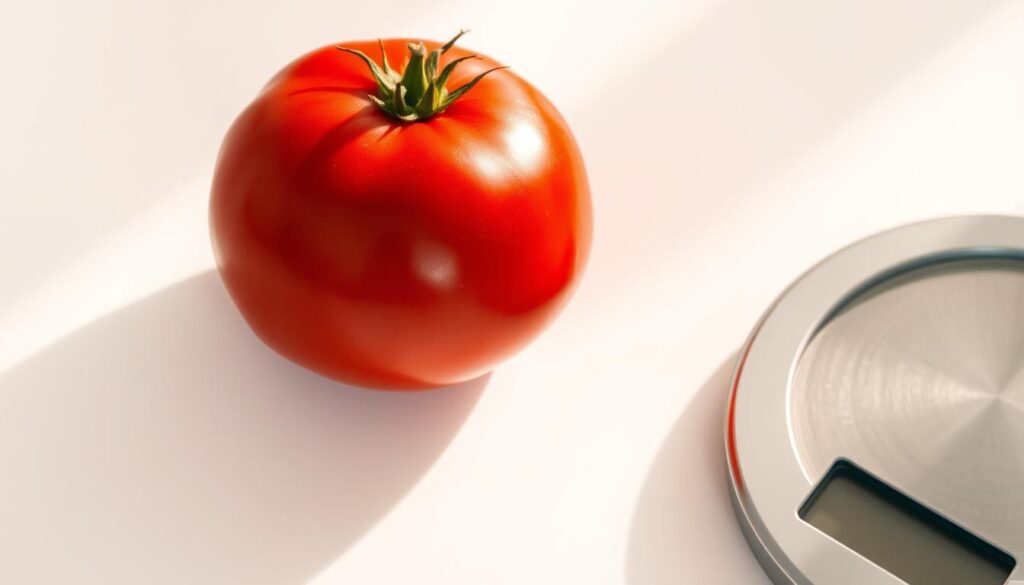 A closeup shot of a ripe, red raspberry-colored tomato on a white background, with a scale or measuring device nearby to illustrate its size and weight. The tomato is perfectly spherical, with a glossy, unblemished skin and a subtle stem at the top. Warm, directional lighting casts gentle shadows and highlights the tomato's vibrant hue and firm texture. The scene has a clean, minimalist aesthetic, focusing the viewer's attention solely on the tomato and its measurable properties. A closeup shot of a ripe, red raspberry-colored tomato on a white background, with a scale or measuring device nearby to illustrate its size and weight. The tomato is perfectly spherical, with a glossy, unblemished skin and a subtle stem at the top. Warm, directional lighting casts gentle shadows and highlights the tomato's vibrant hue and firm texture. The scene has a clean, minimalist aesthetic, focusing the viewer's attention solely on the tomato and its measurable properties.