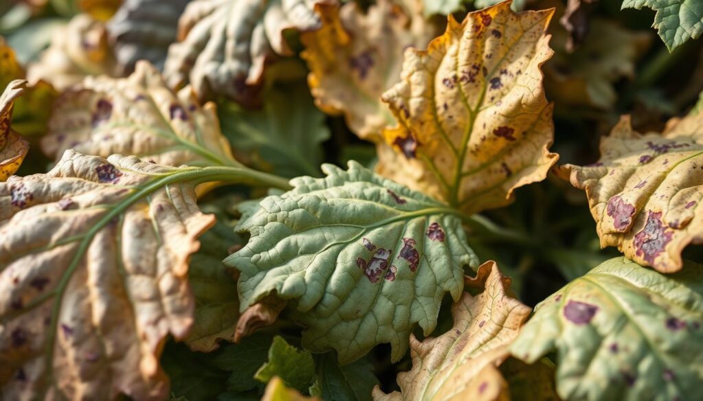 A closeup view of diseased potato leaves, the telltale signs of late blight or potato blight (Phytophthora infestans) prominently displayed. Discolored, shriveled foliage with distinct purplish-brown lesions spreads across the frame, capturing the devastating impact of this fungal disease. The scene is illuminated by soft, diffused natural light, creating an almost clinical, documentary-style atmosphere. The focus is sharp, revealing intricate textural details and the ravages of the infestation. This image aims to visually convey the urgent need for effective chemical and biological control measures to combat the potato blight scourge. A closeup view of diseased potato leaves, the telltale signs of late blight or potato blight (Phytophthora infestans) prominently displayed. Discolored, shriveled foliage with distinct purplish-brown lesions spreads across the frame, capturing the devastating impact of this fungal disease. The scene is illuminated by soft, diffused natural light, creating an almost clinical, documentary-style atmosphere. The focus is sharp, revealing intricate textural details and the ravages of the infestation. This image aims to visually convey the urgent need for effective chemical and biological control measures to combat the potato blight scourge.