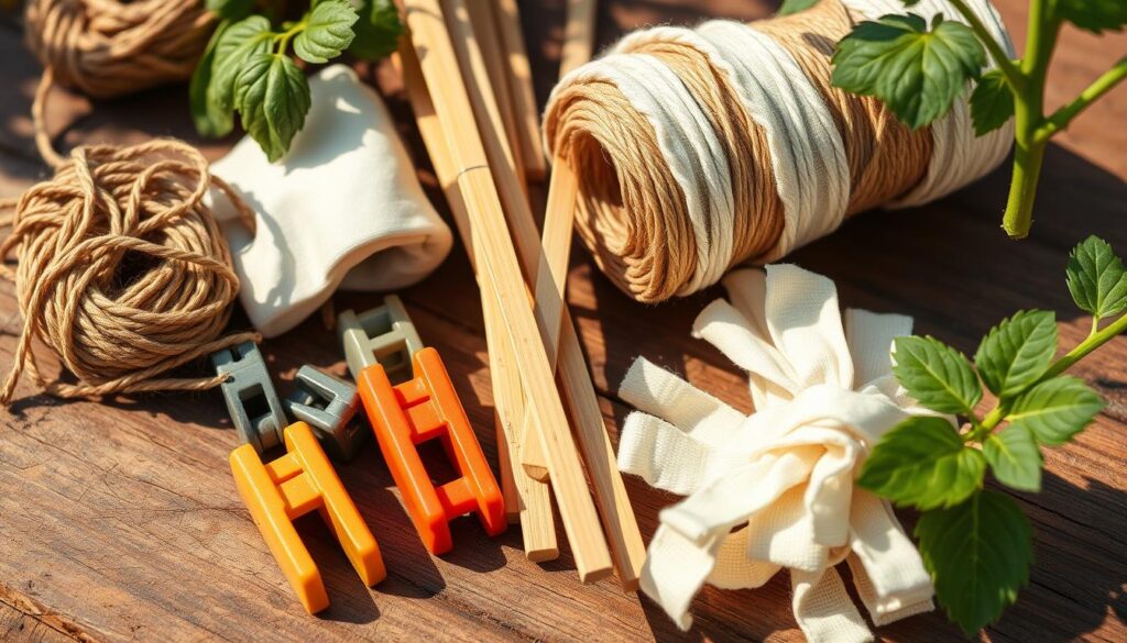 A closeup view of various materials and tools used for staking and tying tomato plants in a garden. Displayed prominently on a wooden surface are garden twine, plant clips, bamboo stakes, and soft fabric plant ties. The scene is well-lit with warm, natural lighting creating gentle shadows and highlighting the textures of the materials. The composition is balanced and the items are arranged in an orderly, aesthetic manner to showcase their practical applications for supporting tomato plants as they grow. A closeup view of various materials and tools used for staking and tying tomato plants in a garden. Displayed prominently on a wooden surface are garden twine, plant clips, bamboo stakes, and soft fabric plant ties. The scene is well-lit with warm, natural lighting creating gentle shadows and highlighting the textures of the materials. The composition is balanced and the items are arranged in an orderly, aesthetic manner to showcase their practical applications for supporting tomato plants as they grow.