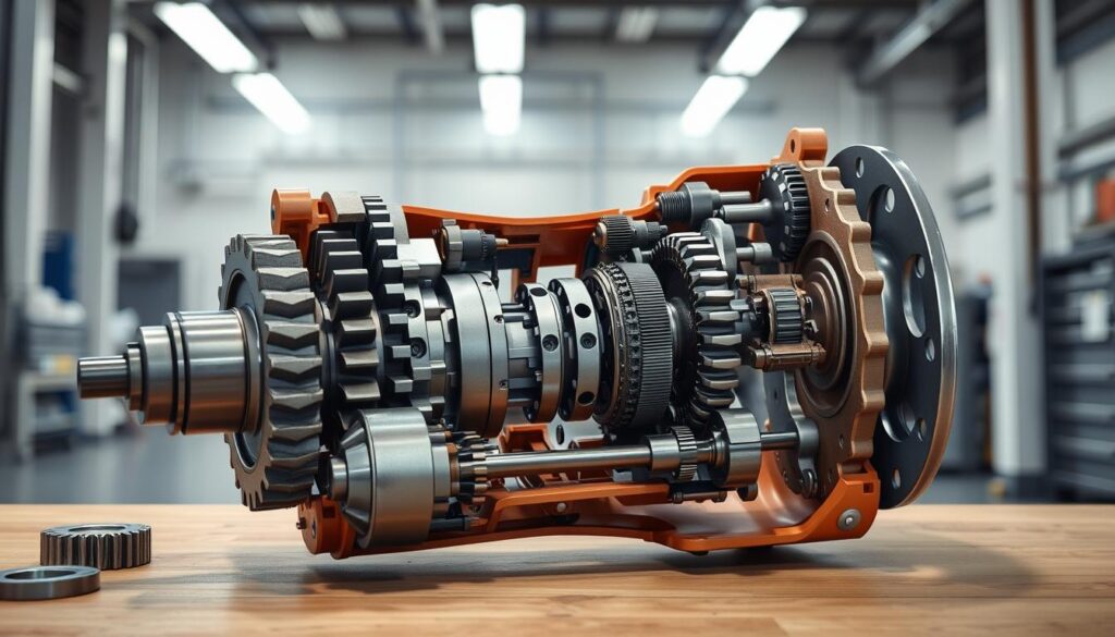 A detailed cutaway diagram depicting the disassembly of a drive transmission mechanism. The foreground shows the gears, shafts, and bearings of the transmission being carefully taken apart, with individual components highlighted and labeled. The middle ground reveals the internal structure and assembly of the transmission, showcasing its intricate mechanical workings. The background features a clean, well-lit industrial setting, providing context and emphasizing the technical nature of the task. The lighting is soft and directional, casting subtle shadows that accentuate the depth and contours of the machinery. The overall mood is one of meticulous precision and technical expertise, inviting the viewer to understand the complex inner workings of the drive transmission.