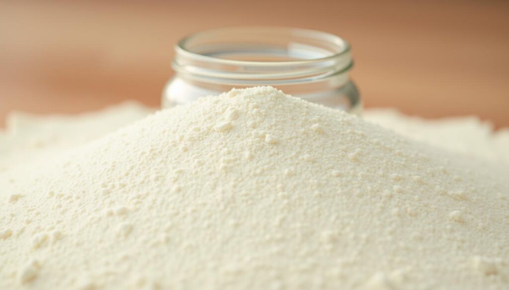 A finely ground, soft, light-beige powder fills the frame, occupying the foreground. The powder has a delicate, almost cloud-like texture, gently reflecting the warm, diffused lighting from an unseen source. In the middle ground, a transparent glass jar or container holds the powder, its curved sides and simple, minimalist design allowing the powder's natural beauty to shine. The background is blurred, creating a sense of focus and emphasis on the powder and its container. The overall mood is one of simplicity, natural purity, and the quiet elegance of a homemade, artisanal product.