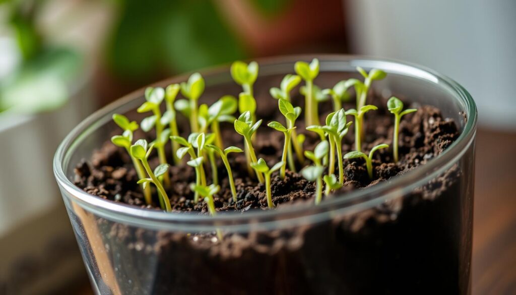 A glass container filled with soil, filled with an array of sprouting tomato seedlings. The seedlings emerge from the soil, their delicate green leaves reaching towards the light. Soft, diffused lighting illuminates the scene, creating a warm, nurturing atmosphere. The background is blurred, placing the focus entirely on the germinating seeds and their early growth. The image conveys the sense of the ideal conditions for tomato seed germination - moist, warm soil, and adequate lighting to support the fragile seedlings as they begin their journey. A glass container filled with soil, filled with an array of sprouting tomato seedlings. The seedlings emerge from the soil, their delicate green leaves reaching towards the light. Soft, diffused lighting illuminates the scene, creating a warm, nurturing atmosphere. The background is blurred, placing the focus entirely on the germinating seeds and their early growth. The image conveys the sense of the ideal conditions for tomato seed germination - moist, warm soil, and adequate lighting to support the fragile seedlings as they begin their journey.