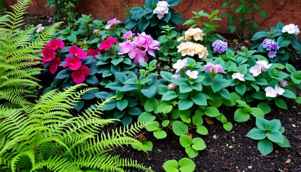 A lush and vibrant garden scene, showcasing an assortment of acid-loving plants thriving in the presence of coffee grounds. In the foreground, delicate ferns and vibrant begonias sway gently, their leaves glistening under the soft, diffused lighting. The middle ground features a mix of nutrient-rich, dark-hued plants such as azaleas and hydrangeas, their blossoms in full bloom. In the background, a backdrop of rich, earthy tones sets the stage, with the soil itself dotted with the telltale signs of coffee grounds, a natural and sustainable fertilizer. The overall composition conveys a sense of harmony and natural abundance, highlighting the beneficial use of coffee waste in the garden.
