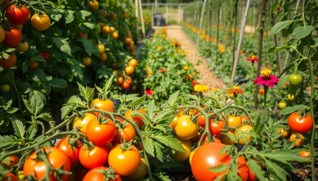 A lush garden filled with an array of thriving tomato plants, their verdant foliage and plump, ripe fruits basking in the warm, golden sunlight. The scene is captured from a low angle, emphasizing the scale and abundance of the plants. In the foreground, several distinct tomato varieties are showcased, their diverse shapes, sizes, and colors showcasing the wide range of options for the home gardener. The middle ground features a mix of classic beefsteak, cherry, and heirloom tomato plants, their vines climbing up sturdy trellises. In the background, a neatly tended vegetable patch sets the scene, with other complementary crops like basil and marigolds adding depth and character to the composition. The overall mood is one of lush, bountiful productivity, inviting the viewer to imagine the delicious possibilities of these "best ground-grown" tomato varieties. A lush garden filled with an array of thriving tomato plants, their verdant foliage and plump, ripe fruits basking in the warm, golden sunlight. The scene is captured from a low angle, emphasizing the scale and abundance of the plants. In the foreground, several distinct tomato varieties are showcased, their diverse shapes, sizes, and colors showcasing the wide range of options for the home gardener. The middle ground features a mix of classic beefsteak, cherry, and heirloom tomato plants, their vines climbing up sturdy trellises. In the background, a neatly tended vegetable patch sets the scene, with other complementary crops like basil and marigolds adding depth and character to the composition. The overall mood is one of lush, bountiful productivity, inviting the viewer to imagine the delicious possibilities of these "best ground-grown" tomato varieties.