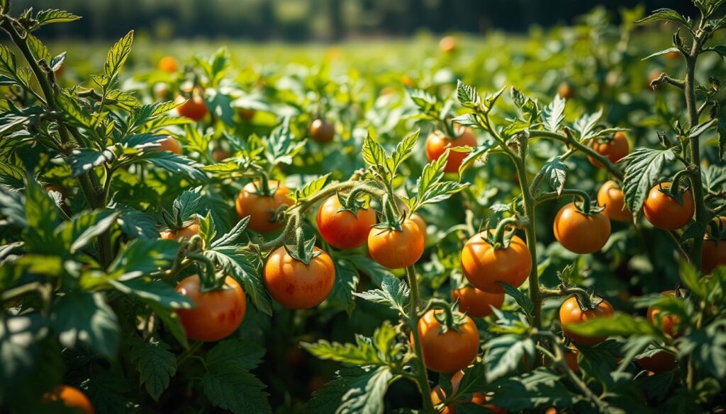 A lush, sun-dappled field of vibrant tomato plants, their leaves and stems ravaged by the unseen scourge of tomato diseases. In the foreground, a close-up view reveals the telltale spots, wilting, and discoloration that signal the presence of common fungal and bacterial infections. The middle ground showcases the broader impact, with sickly plants interspersed among the healthy, their fruits stunted and discolored. The background fades into a soft, hazy blur, suggesting the pervasive nature of these tomato afflictions. Dramatic lighting from the side emphasizes the textural details, casting dramatic shadows that underscore the severity of the situation. The overall mood is one of concern and the need for vigilant preventative measures. A lush, sun-dappled field of vibrant tomato plants, their leaves and stems ravaged by the unseen scourge of tomato diseases. In the foreground, a close-up view reveals the telltale spots, wilting, and discoloration that signal the presence of common fungal and bacterial infections. The middle ground showcases the broader impact, with sickly plants interspersed among the healthy, their fruits stunted and discolored. The background fades into a soft, hazy blur, suggesting the pervasive nature of these tomato afflictions. Dramatic lighting from the side emphasizes the textural details, casting dramatic shadows that underscore the severity of the situation. The overall mood is one of concern and the need for vigilant preventative measures.