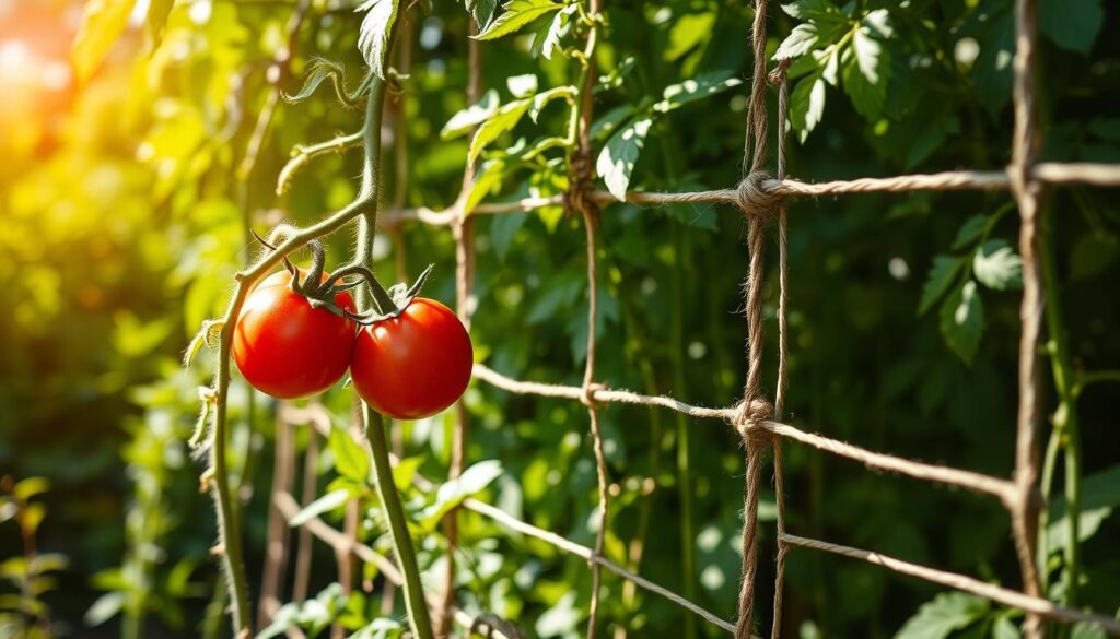 A lush, sun-dappled tomato patch set against a backdrop of verdant foliage. In the foreground, a cluster of ripe, crimson tomatoes strain against their vines, yearning for support. The middle ground reveals the intricate framework of twine and stakes, expertly woven to guide the plants' growth. Soft, diffused lighting casts gentle shadows, highlighting the delicate leaves and tendrils that twist and curl, seeking the stability they crave. The overall scene conveys the harmonious relationship between the resilient tomato plants and the carefully crafted system that sustains them, underscoring the importance of proper staking and support.