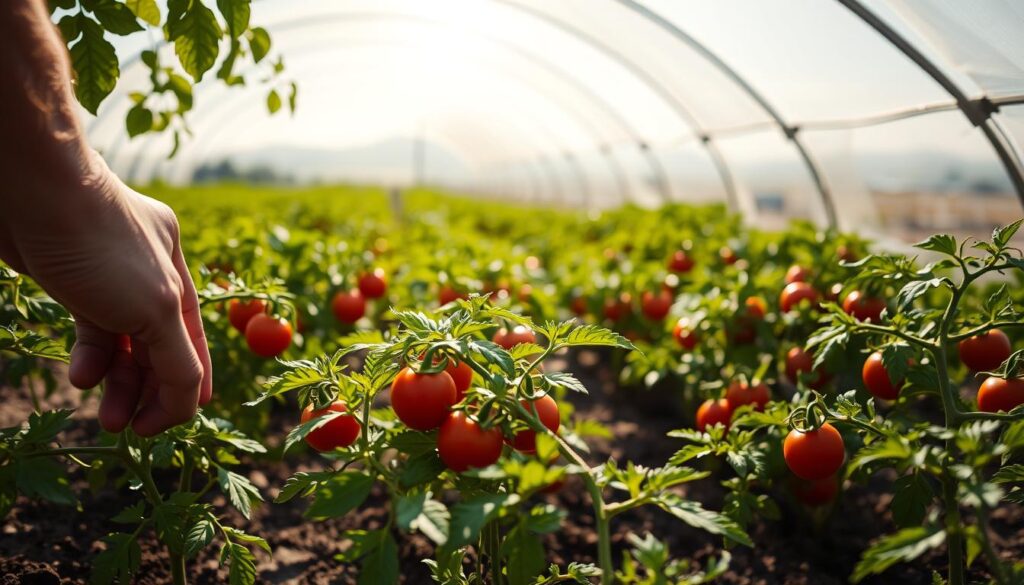 A lush, sunlit garden with rows of thriving tomato plants nestled under a translucent plastic tunnel. The plants are in full bloom, their green leaves and vibrant red fruit glistening in the warm, diffused light. In the foreground, a gardener's hand carefully tends to the soil, ensuring optimal conditions for the plants to thrive. The background features a hazy, blurred landscape, suggesting a serene, rural setting. The overall scene conveys a sense of abundance, productivity, and the perfect timing for planting tomatoes in a protected environment. A lush, sunlit garden with rows of thriving tomato plants nestled under a translucent plastic tunnel. The plants are in full bloom, their green leaves and vibrant red fruit glistening in the warm, diffused light. In the foreground, a gardener's hand carefully tends to the soil, ensuring optimal conditions for the plants to thrive. The background features a hazy, blurred landscape, suggesting a serene, rural setting. The overall scene conveys a sense of abundance, productivity, and the perfect timing for planting tomatoes in a protected environment.