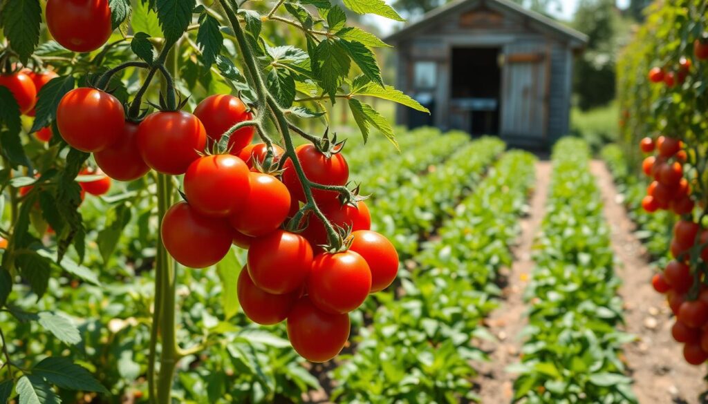 A lush, sunlit scene of a bountiful garden filled with vibrant, vine-ripened Russian tomato plants. In the foreground, clusters of plump, ruby-red tomatoes hang heavy on the vines, their glistening skins catching the warm rays. The middle ground features neatly arranged rows of verdant foliage, their leaves rustling gently in a soft breeze. In the background, a quaint wooden shed or greenhouse stands, its weathered facade hinting at a long history of cultivating these prized heirloom tomatoes. The overall composition evokes a sense of abundance, tradition, and the pride of a bountiful harvest. Subtle, natural lighting illuminates the scene, casting gentle shadows and highlights that enhance the tomatoes' vibrant colors and the garden's lush vitality. A lush, sunlit scene of a bountiful garden filled with vibrant, vine-ripened Russian tomato plants. In the foreground, clusters of plump, ruby-red tomatoes hang heavy on the vines, their glistening skins catching the warm rays. The middle ground features neatly arranged rows of verdant foliage, their leaves rustling gently in a soft breeze. In the background, a quaint wooden shed or greenhouse stands, its weathered facade hinting at a long history of cultivating these prized heirloom tomatoes. The overall composition evokes a sense of abundance, tradition, and the pride of a bountiful harvest. Subtle, natural lighting illuminates the scene, casting gentle shadows and highlights that enhance the tomatoes' vibrant colors and the garden's lush vitality.