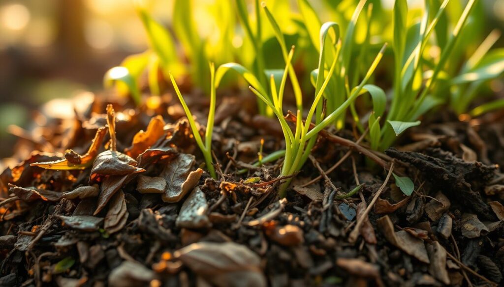 A lush, verdant close-up of a handful of organic plant-based fertilizer. The foreground showcases a mixture of rich brown compost, dried leaves, and decomposing plant matter, glistening with moisture. In the middle ground, vibrant green shoots and root systems emerge, intertwined with the nutrient-dense soil. The background is softly blurred, evoking a sense of natural, earthy tranquility. Warm, golden sunlight filters through, casting a gentle glow and creating a inviting, wholesome atmosphere. Captured with a macro lens, the image highlights the intricate textures and the life-giving properties of this homemade, eco-friendly plant fertilizer.