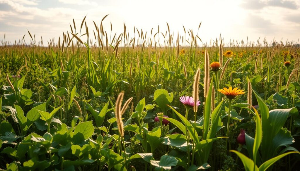 A lush, verdant field filled with a vibrant array of cover crops and rotation plants. In the foreground, a mix of leafy greens, legumes, and brassicas sway gently in a soft breeze. Midground, tall stalks of millet and sorghum rise up, their seed heads promising a bountiful harvest. In the background, a tapestry of flowering buckwheat, sunflowers, and radishes creates a living quilt of colors and textures. Warm, golden sunlight filters through wispy clouds, casting a natural, earthy glow over the scene. The overall atmosphere is one of diversity, sustainability, and the harmony of nature's cycles. A lush, verdant field filled with a vibrant array of cover crops and rotation plants. In the foreground, a mix of leafy greens, legumes, and brassicas sway gently in a soft breeze. Midground, tall stalks of millet and sorghum rise up, their seed heads promising a bountiful harvest. In the background, a tapestry of flowering buckwheat, sunflowers, and radishes creates a living quilt of colors and textures. Warm, golden sunlight filters through wispy clouds, casting a natural, earthy glow over the scene. The overall atmosphere is one of diversity, sustainability, and the harmony of nature's cycles.