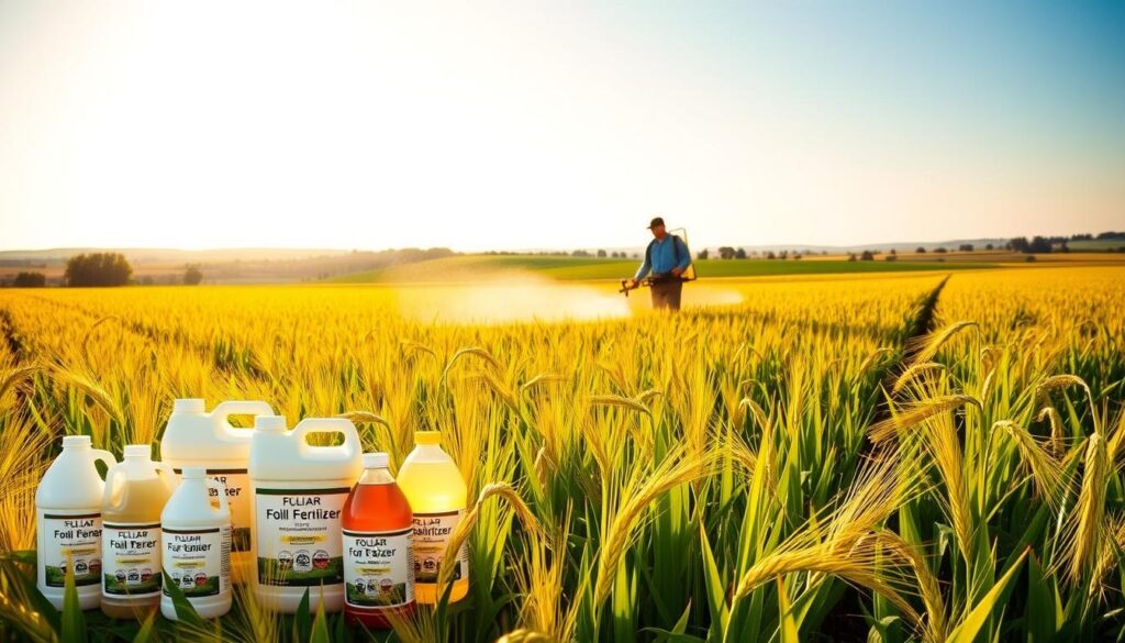 A lush, verdant field of thriving wheat, barley, or other cereal crops bathed in warm, golden sunlight. In the foreground, a collection of various liquid fertilizer bottles and canisters, their labels prominently displaying the words "Foliar Fertilizer for Cereals". The middle ground features a farmer carefully spraying the crops with a handheld sprayer, ensuring even coverage and precise application. The background showcases a picturesque rural landscape, with rolling hills, distant treelines, and a clear, azure sky. The overall scene conveys a sense of agricultural productivity, scientific expertise, and environmental harmony, perfectly complementing the section title "Foliar Fertilization for Different Stages of Cereal Crop Development". A lush, verdant field of thriving wheat, barley, or other cereal crops bathed in warm, golden sunlight. In the foreground, a collection of various liquid fertilizer bottles and canisters, their labels prominently displaying the words "Foliar Fertilizer for Cereals". The middle ground features a farmer carefully spraying the crops with a handheld sprayer, ensuring even coverage and precise application. The background showcases a picturesque rural landscape, with rolling hills, distant treelines, and a clear, azure sky. The overall scene conveys a sense of agricultural productivity, scientific expertise, and environmental harmony, perfectly complementing the section title "Foliar Fertilization for Different Stages of Cereal Crop Development".