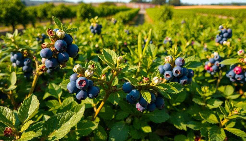 A lush, verdant garden scene featuring a bountiful crop of thriving blueberry bushes. The plants are laden with plump, ripe berries in shades of deep blue and purple, their waxy leaves glistening in the warm, golden afternoon sunlight. The foreground showcases a few large, healthy blueberry canes with their delicate white flowers and emerging new growth. In the middle ground, the bushes extend in orderly rows, their canopies creating a serene, natural landscape. The background hints at a tranquil country setting, with rolling hills and a clear blue sky. The overall atmosphere conveys a sense of abundance, vitality, and the perfect growing conditions for these prized berry plants. A lush, verdant garden scene featuring a bountiful crop of thriving blueberry bushes. The plants are laden with plump, ripe berries in shades of deep blue and purple, their waxy leaves glistening in the warm, golden afternoon sunlight. The foreground showcases a few large, healthy blueberry canes with their delicate white flowers and emerging new growth. In the middle ground, the bushes extend in orderly rows, their canopies creating a serene, natural landscape. The background hints at a tranquil country setting, with rolling hills and a clear blue sky. The overall atmosphere conveys a sense of abundance, vitality, and the perfect growing conditions for these prized berry plants.