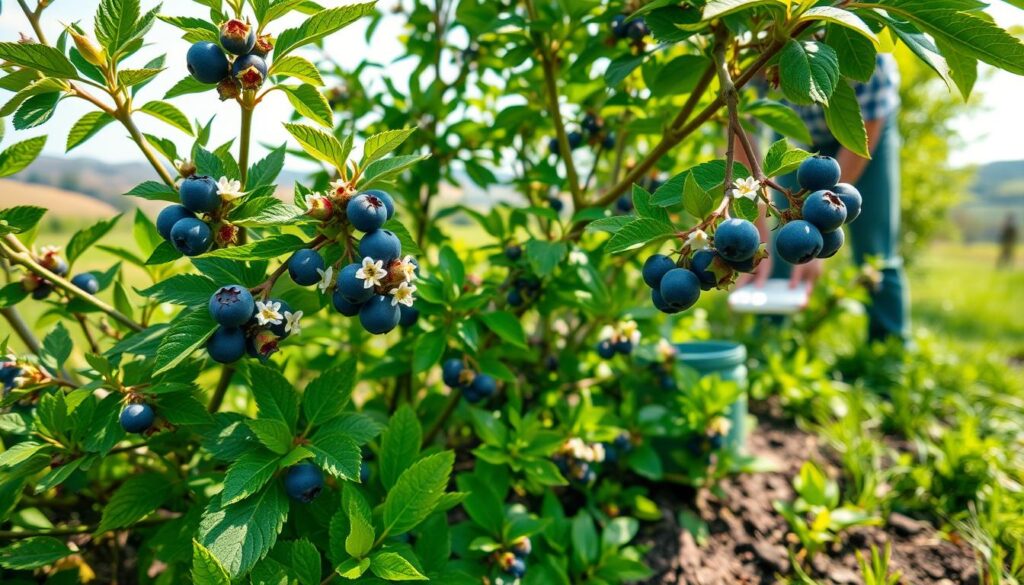 A lush, verdant garden scene in early spring. The foreground features several thriving blueberry bushes, their green leaves glistening with morning dew. Clusters of white blossoms dot the branches, hinting at the future bounty of berries. In the middle ground, a gardener carefully spreads a natural, organic fertilizer around the base of the plants, ensuring optimal nutrient absorption. The background showcases a tranquil, sun-dappled landscape, with rolling hills and distant trees providing a serene backdrop. The overall composition conveys a sense of growth, renewal, and the careful tending of this beloved fruit crop. A lush, verdant garden scene in early spring. The foreground features several thriving blueberry bushes, their green leaves glistening with morning dew. Clusters of white blossoms dot the branches, hinting at the future bounty of berries. In the middle ground, a gardener carefully spreads a natural, organic fertilizer around the base of the plants, ensuring optimal nutrient absorption. The background showcases a tranquil, sun-dappled landscape, with rolling hills and distant trees providing a serene backdrop. The overall composition conveys a sense of growth, renewal, and the careful tending of this beloved fruit crop.