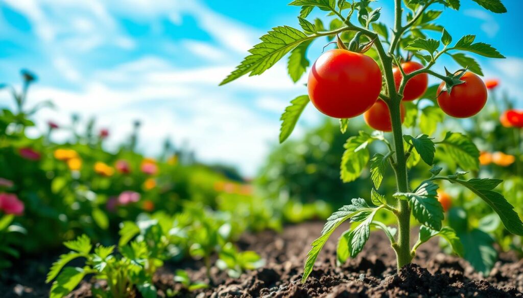 A lush, verdant garden scene with a focus on a thriving tomato plant. The plant is in the foreground, its vibrant green leaves and ripening red tomatoes standing out against a blurred background of other flourishing plants and flowers. The lighting is soft and natural, filtering through wispy clouds in a bright, blue sky. The soil around the tomato plant is slightly damp, indicating recent watering. The composition draws the viewer's eye to the tomato plant, inviting them to consider the ideal watering frequency for this vital ingredient in the article's subject. The overall mood is one of healthy growth and nourishment, reflecting the section's focus on effective tomato care.