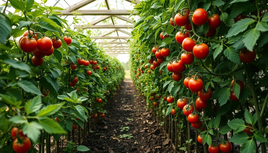 A lush, verdant tunnel filled with thriving tomato plants, their ripe, crimson fruits dotting the scene. Soft, diffused natural light filters through the foliage, casting a warm, inviting glow. The wooden beams and wire supports of the tunnel structure are visible, adding a sense of rustic charm. The ground is covered in a layer of rich, dark soil, with hints of decomposing plant matter. The overall atmosphere conveys a sense of rejuvenation and renewal, as the tunnel is reclaimed by the bountiful tomato crop after a period of disuse. A lush, verdant tunnel filled with thriving tomato plants, their ripe, crimson fruits dotting the scene. Soft, diffused natural light filters through the foliage, casting a warm, inviting glow. The wooden beams and wire supports of the tunnel structure are visible, adding a sense of rustic charm. The ground is covered in a layer of rich, dark soil, with hints of decomposing plant matter. The overall atmosphere conveys a sense of rejuvenation and renewal, as the tunnel is reclaimed by the bountiful tomato crop after a period of disuse.